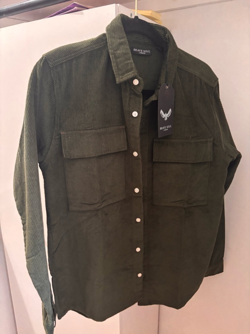 Brave Soul Men's Dark Olive Corduroy Shirt Jacket